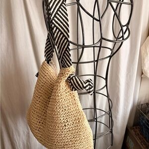 Woven Straw Shoulder Bag with Black & White Strap